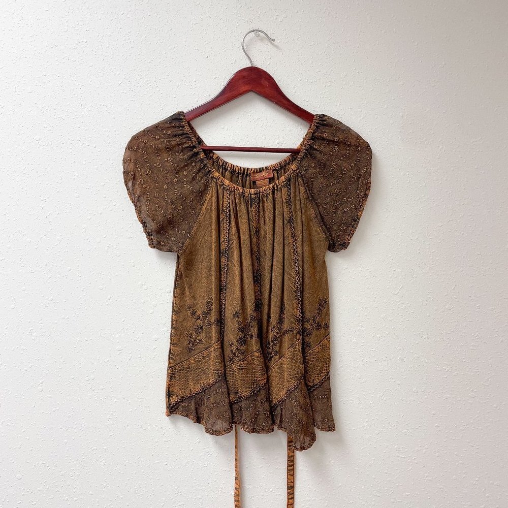 Scully Brown Lace & Embroidered Short Sleeve Top